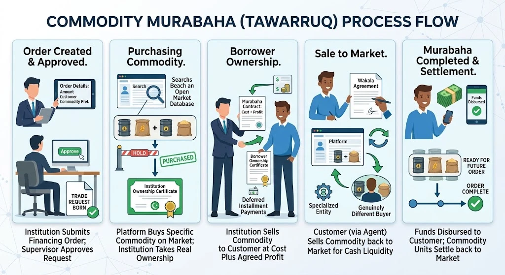 Five-panel process flow: order created and approved; purchasing commodity on the open market with an institution ownership certificate; borrower ownership at cost plus profit with deferred instalments; sale to market through a wakala agreement to a genuinely different buyer; Murabaha completed with funds disbursed and units settled back to the market.