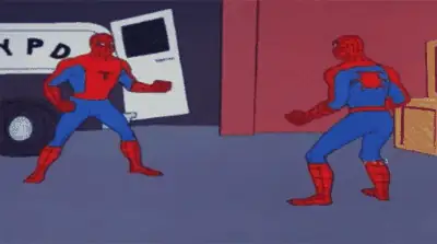 Two identical Spider-Men pointing at each other.