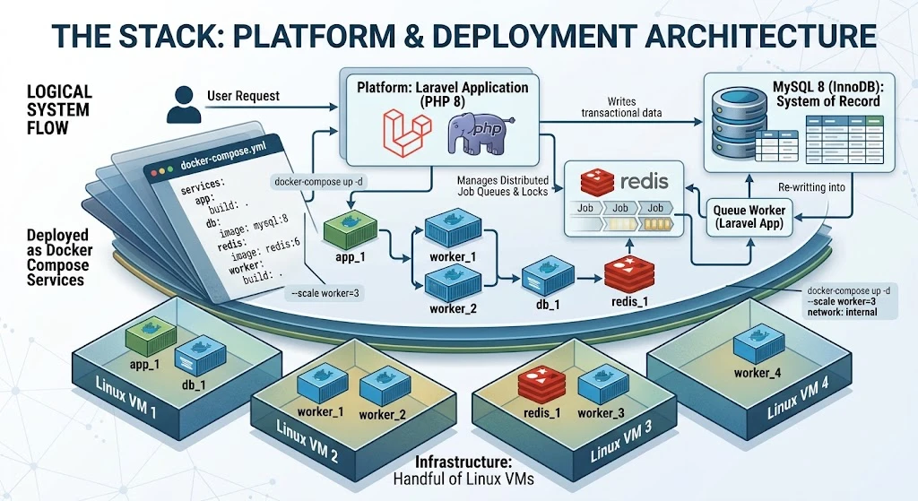 Platform and deployment architecture: a user request reaches the Laravel application on PHP 8, which writes transactional data to MySQL 8 (InnoDB) as the system of record and manages distributed job queues and locks in Redis; queue workers read those jobs and write back into MySQL. The whole thing is deployed as Docker Compose services — app, db, redis and scaled worker replicas — spread across a handful of Linux VMs.