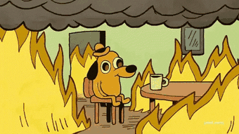The 'This is fine' dog sitting calmly in a burning room with a cup of coffee.