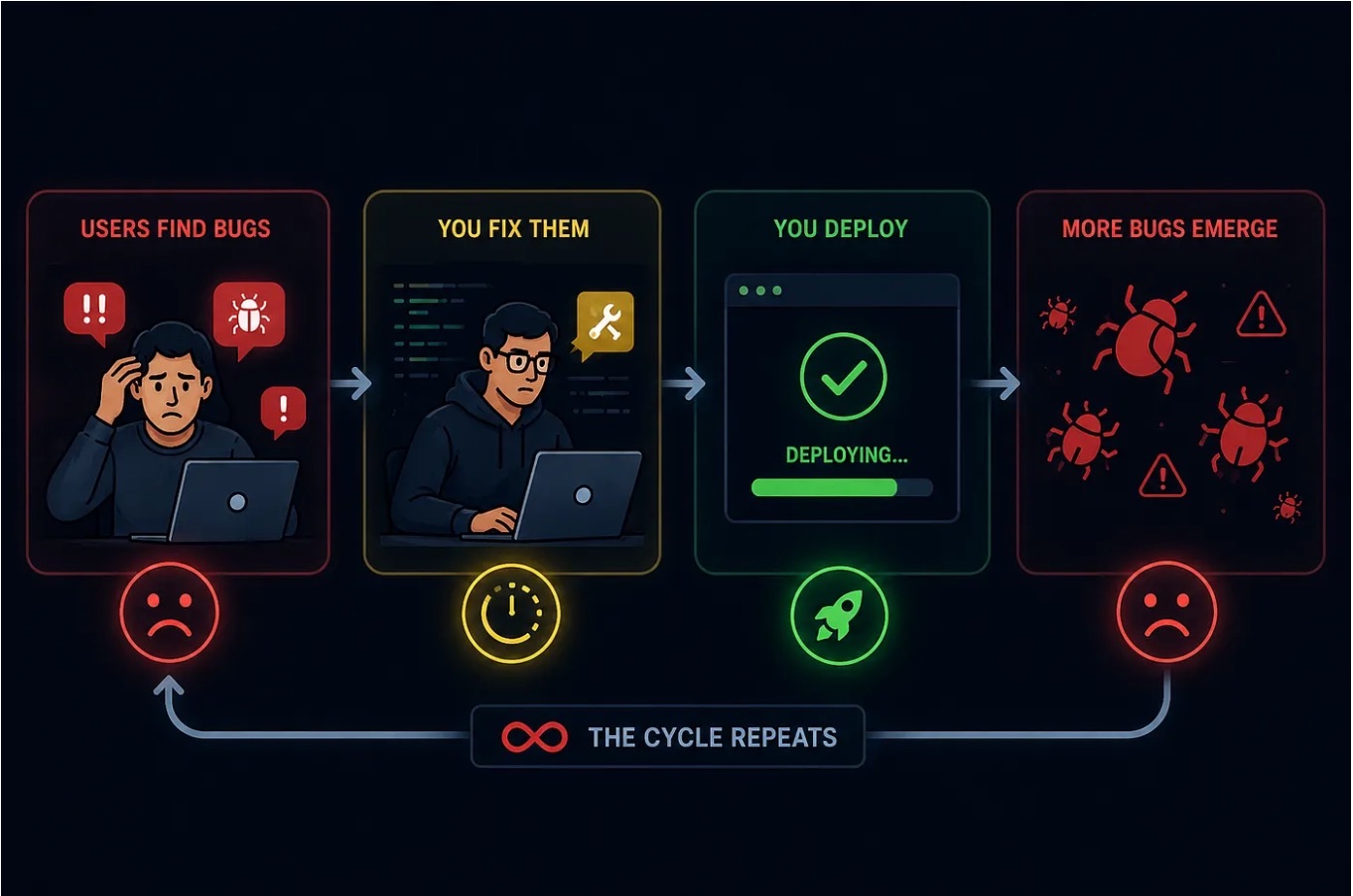 The reactive cycle in four panels: users find bugs, you fix them, you deploy, more bugs emerge — and the cycle repeats.